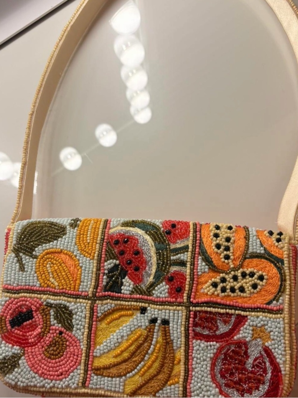 Beaded Fruit Patchwork Shoulder Bag in Cream and Multicolor